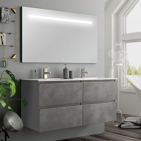 Meuble de salle de bain double vasque - 4 tiroirs - ciment (gris) - BALEA et miroir Led STAM - 120cm