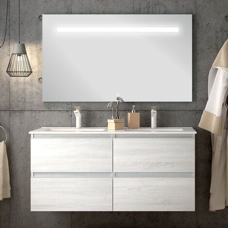 Meuble de salle de bain double vasque - 4 tiroirs - hibernian (bois blanchi) - BALEA et miroir Led STAM - 120cm