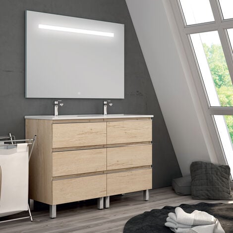 Meuble de salle de bain double vasque - 6 tiroirs - bambou (chêne clair) - PALMA et miroir Led STAM - 120cm
