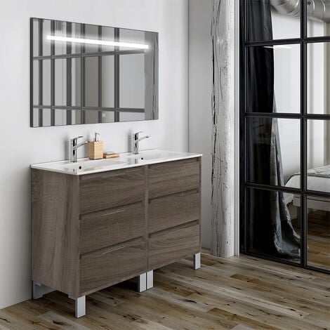 Meuble de salle de bain double vasque - 6 tiroirs - Britannia (chêne foncé) - TIRIS 3C et miroir Led STAM - 120cm