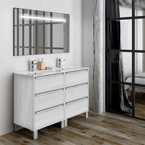 Meuble de salle de bain double vasque - 6 tiroirs - hibernian (bois blanchi) - TIRIS 3C et miroir Led STAM - 120cm