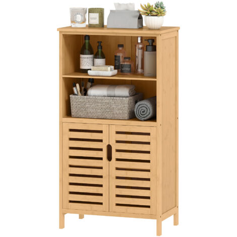 Meuble de salle de bain en bambou naturel, armoire à portes lames, 2 étagères, 1 placard, 50 x 29 x 92 cm