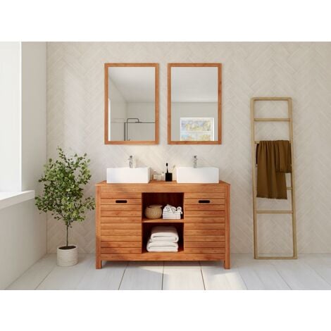 Meuble de salle de bain en bois d'acacia avec double vasque et miroirs - 130 cm - PULUKAN - Naturel foncé