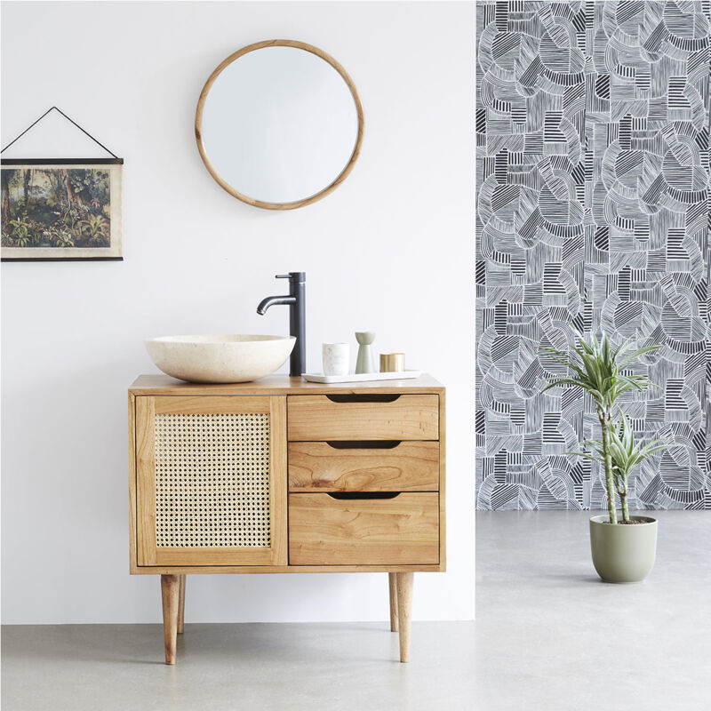 Berah Getah - Meuble de salle de bain en mindi massif et cannage 85 cm