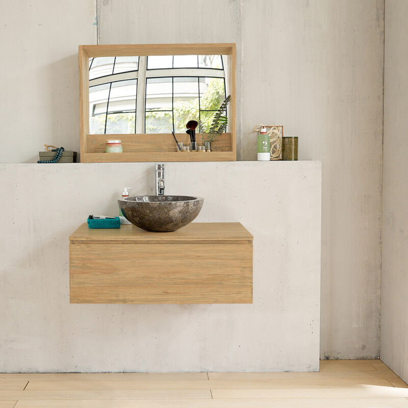 Berah Getah - Meuble sous vasque en hévéa massif suspendu 80 cm