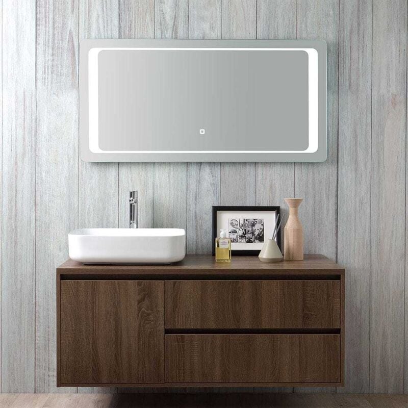 Kiamami Valentina - Meuble De Salle De Bain En Bois Noyer Foncé, Lavabo, Miroir Tactile Led Siena
