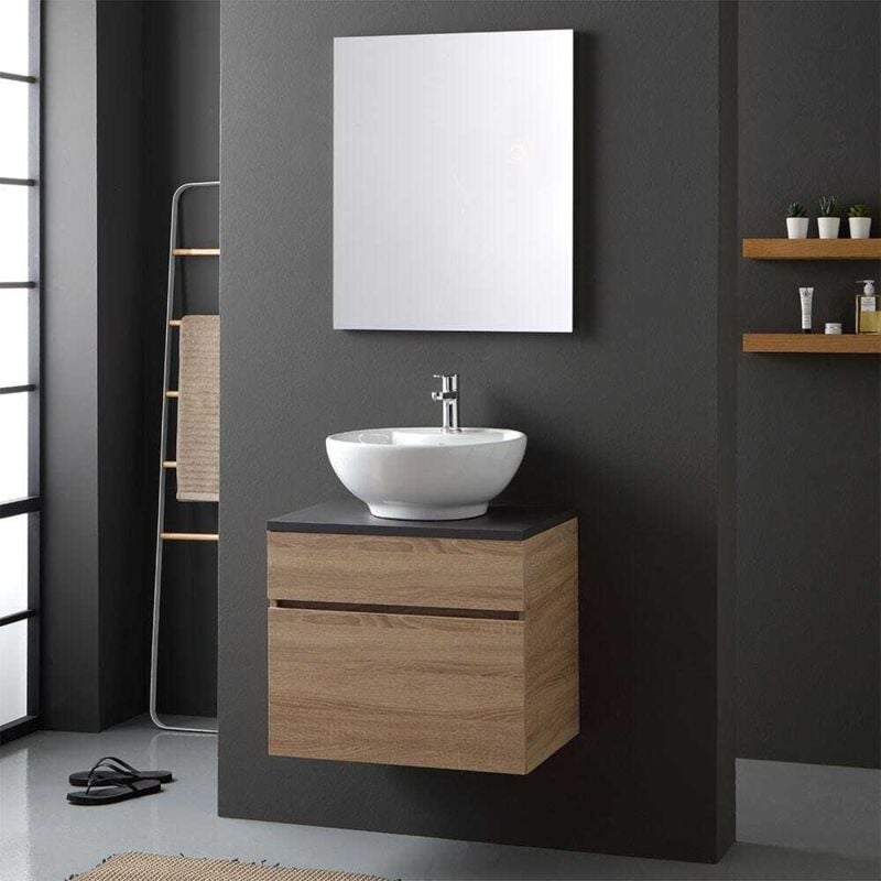 Kiamami Valentina - Meuble De Salle De Bain En Chêne Et Plan En Bois Anthracite Avec Lavabo D'appui Rond Sole