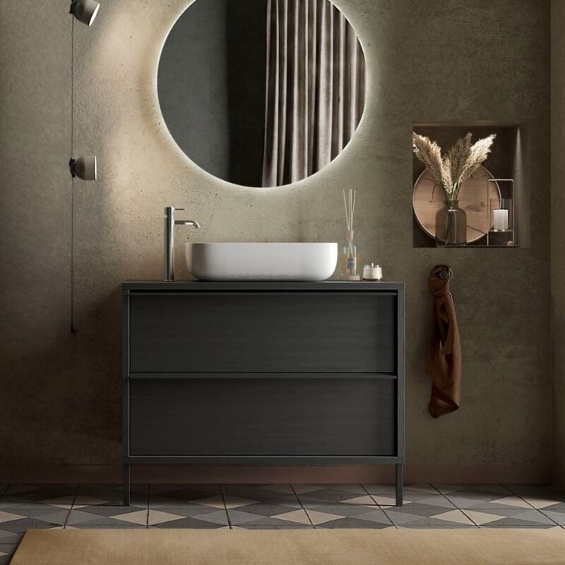 Toscohome - Meuble de salle de bain en frêne noir avec tiroirs et lavabo inclus 79x78H cm - Nesto