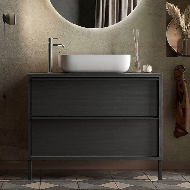 Meuble de salle de bain en frêne noir avec tiroirs et plan vasque inclus 105x78H cm - Nesto