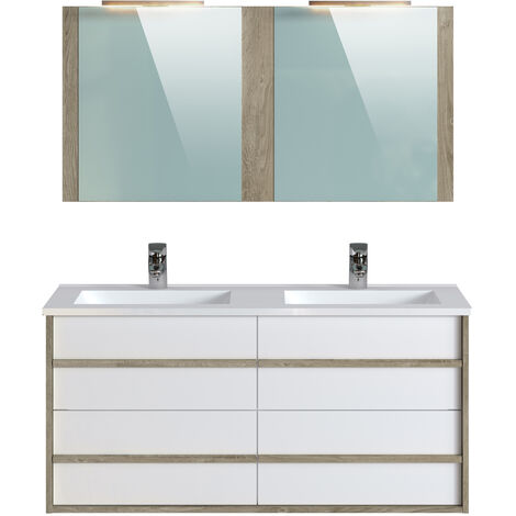 Meuble de salle de bain en mélamine coloris chêne / blanc - Longueur 122 x profondeur 46 x Hauteur 58 cm -PEGANE-