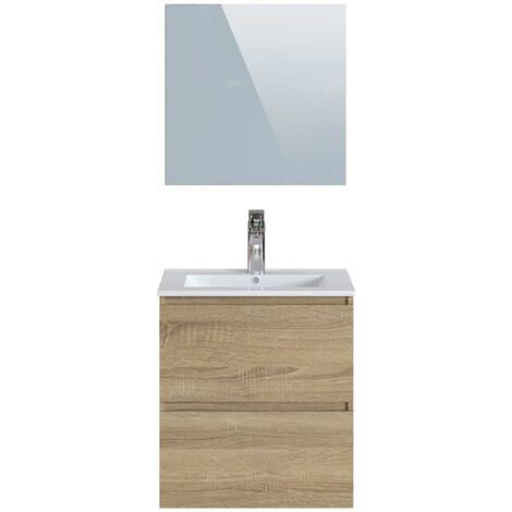 Meuble de salle de bain en mélamine coloris chêne - Longueur 60 x profondeur 45 x Hauteur 85 cm -PEGANE-
