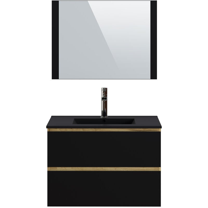 Pegane - Meuble de salle de bain en mélamine couleur chêne / noir - Longueur 80 x profondeur 45 x Hauteur 85 cm