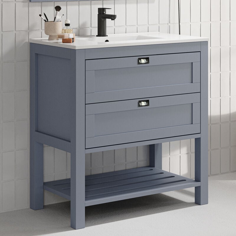 Cosyneo - Meuble de salle de bain 80 cm simple vasque - pin massif - 2 tiroirs - sans miroir - bleu - pyla