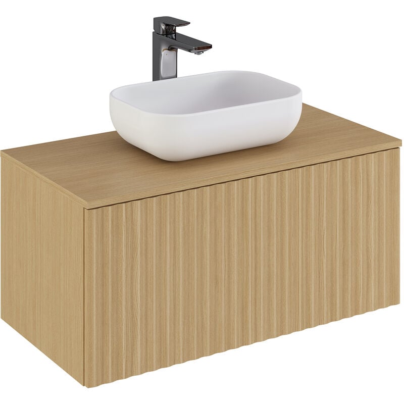 Meuble de salle de bain en placage chêne coloris naturel - Longueur 90 x profondeur 46 x Hauteur 55.6 cm Pegane