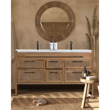 Meuble de salle de bain en teck massif et terrazzo beige 145 cm – 6 tiroirs – Résistant à l'humidité et aux parasites – Style moderne