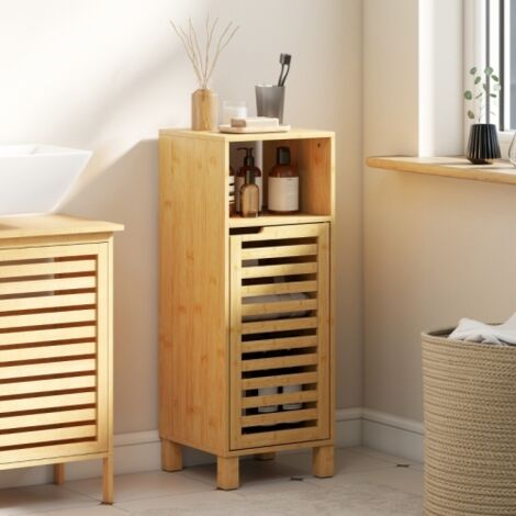 Meuble de salle de bain, étagère ouverte, armoire, bois de bambou, porte à lattes, marron clair