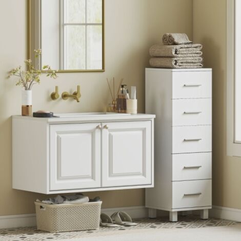 Meuble de salle de bain étroit à 5 tiroirs, 30 x 30 x 95 cm, blanc