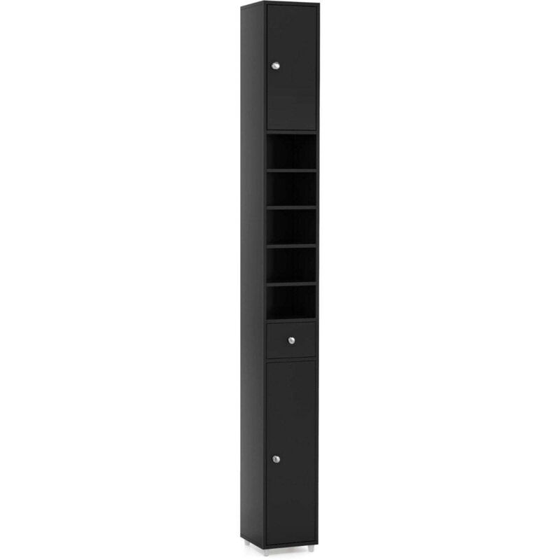 Meuble de salle de bain étroit avec 2 portes et 1 tiroir, meuble haut 20 x 20 x 180 cm noir