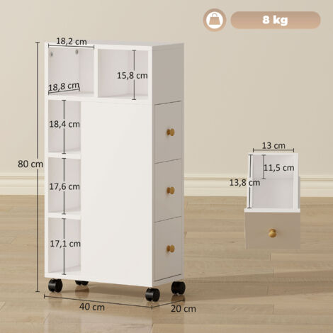 Meuble de salle de bain étroit, meuble à roulettes, 3 tiroirs, 5 compartiments ouverts, 20 x 40 x 80 cm, blanc