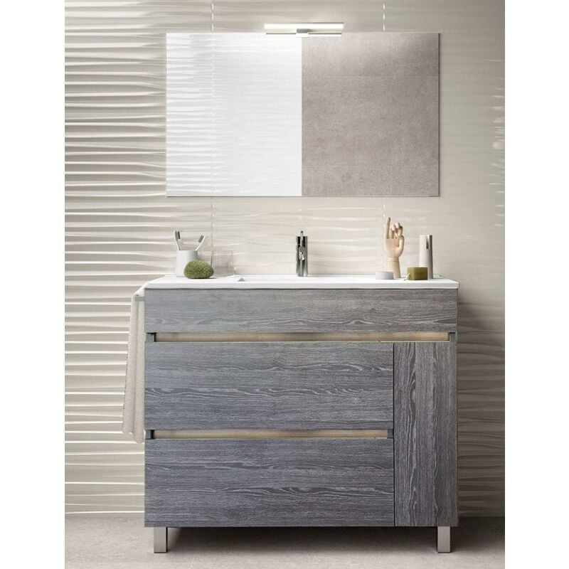 Decohor - Meuble de salle de bain fenrir avec plan vasque et miroir. Avec porte-serviettes en cadeau différentes coleurs et tailles Chêne Smoky 80CM