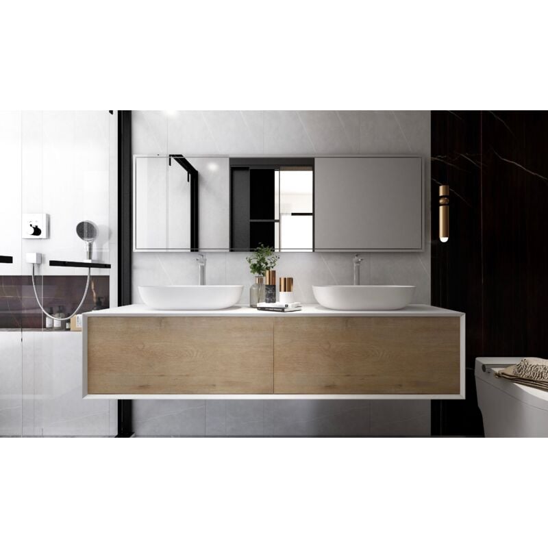 Bernstein - Meuble de salle de bain Fiona 1800 - façade effet béton ou chêne - miroir et colonne de rangement en option Sans miroir, Sans colonne