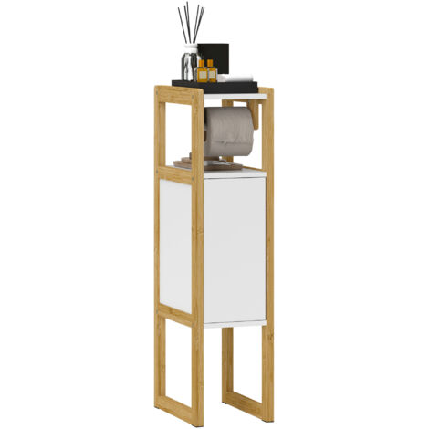 Meuble de salle de bain gain de place en bambou avec distributeur papier toilette 20x33x80 cm blanc