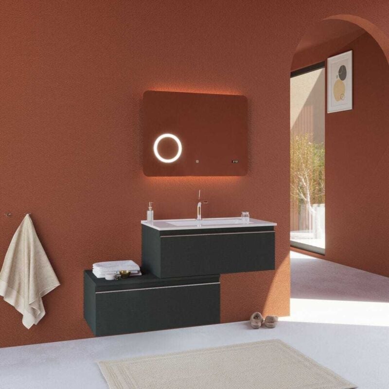 Kiamami Valentina - Meuble De Salle De Bain Gris Foncé 120Cm Deux Tiroirs Décalés 80Cm Seattle