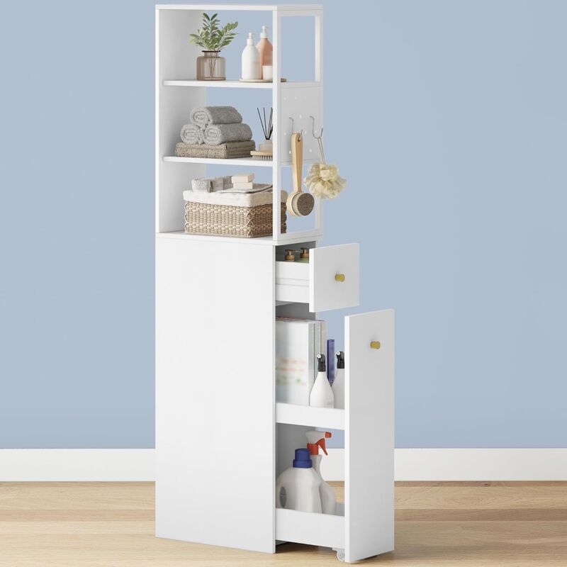 Meuble de Salle de Bain Haut, Armoire de Rangement Fin, avec 2 Compartiments Ouverts, 2 Tiroirs et roulettes, Meuble de Cuisine, pour Petits Espaces