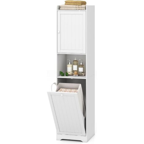 Meuble de salle de bain haut avec panier à linge et étagère, étroit avec étagères réglables, multifonctionnel pour salle de bain, salon, chambre (Noir)