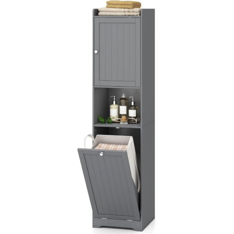 Meuble de salle de bain haut avec panier à linge et étagère, étroit avec étagères réglables, multifonctionnel pour salle de bain, salon, chambre (Noir)