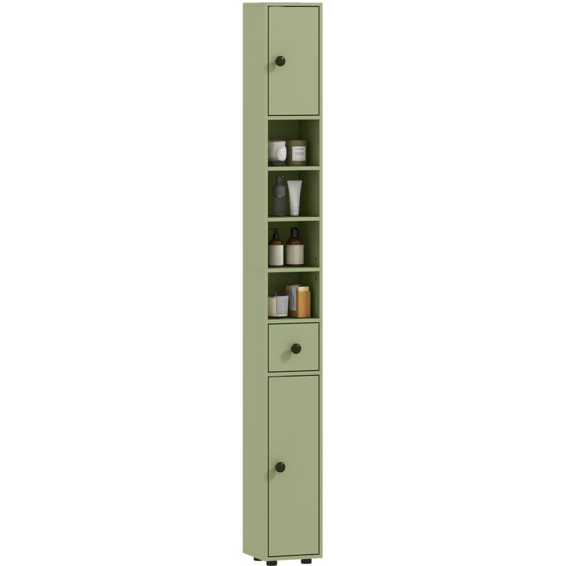 Meuble colonne salle de bain 2 portes 2 &eacute;tag&egrave;res 4 niches tiroir vert