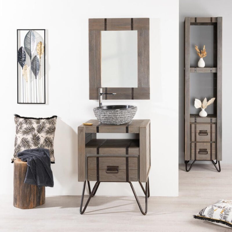 Wanda Collection - Meuble de salle de bain Loft en mindi et métal 60 cm gris