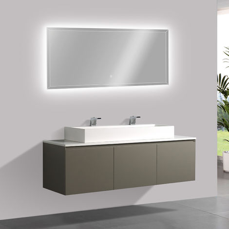 Meuble de salle de bain Luna 1600 gris mat avec plan vasque en solid surface - vasque & miroir disponible en option: Avec miroir LED 2073, PB2144-1 (110 cm)