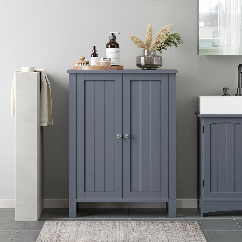 Meuble Salle de Bain, Armoire de Rangement sur Pieds, avec 2 Portes et 2 étagères réglables, Gris