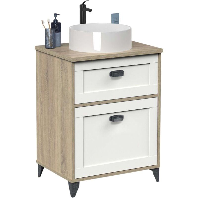 Miroytengo - Meuble de salle de bain 60 cm Toscane avec 2 tiroirs style nordique blanc et chêne cambrien (sans lavabo)