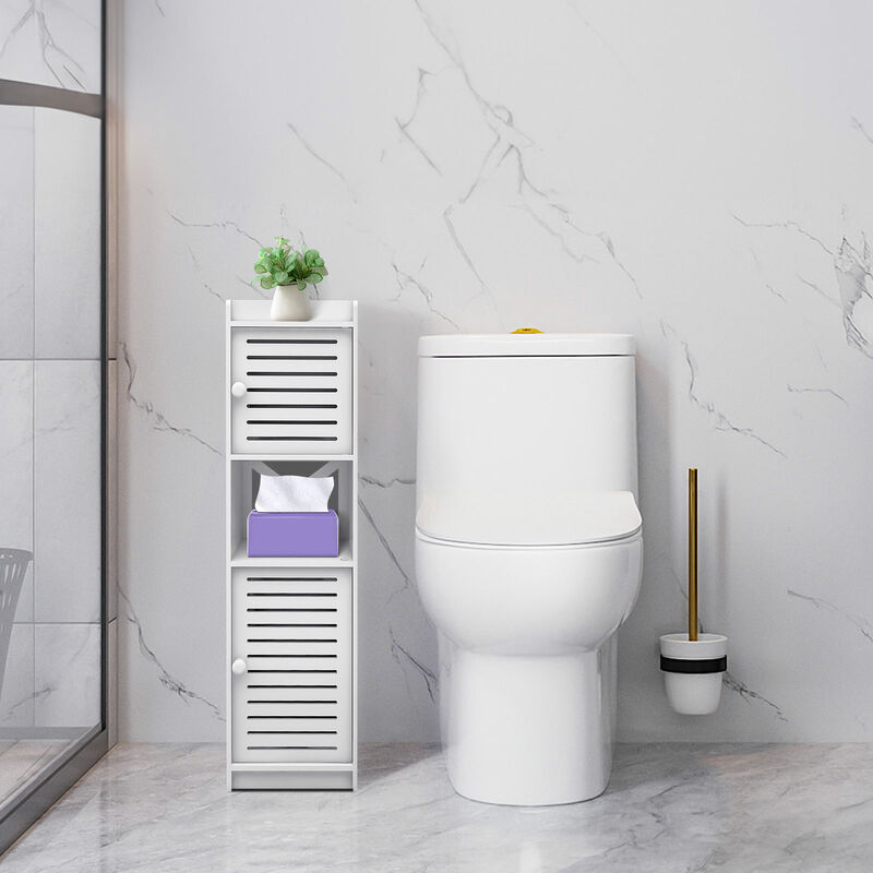 Meuble de Salle de Bain Moderne Blanc, Meuble de Rangement Autoportant avec Portes Persiennes, Meuble de Salle de Bain Etanche pour Salon, Chambre,