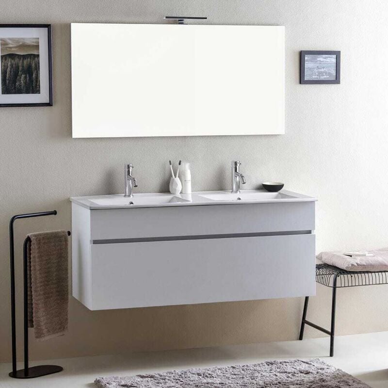 Kiamami Valentina - Meuble De Salle De Bain Moderne Grise De 120 Cm Avec Double Lavabo Série Sole
