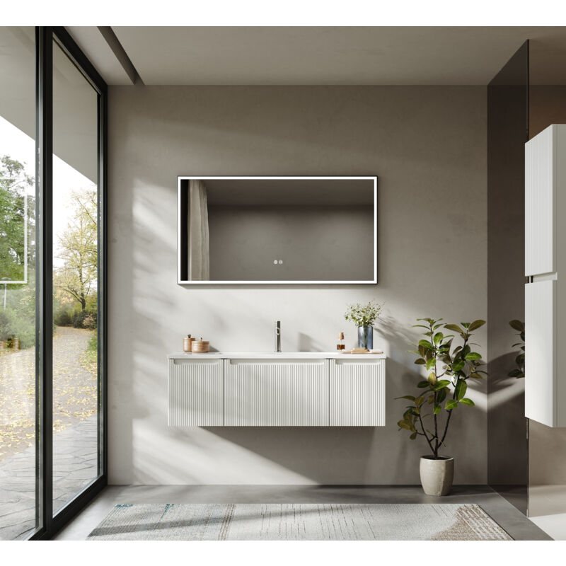 Bridge Beno - Meuble-lavabo mural de 120 cm avec vasque en résine minérale, tiroir et deux portes ultra-fins à fermeture douce, Accent Cannelé