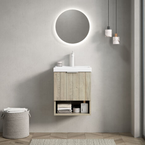 Meuble de salle de bain mural 42 cm, avec lavabo rectangulaire en céramique blanche, armoire à deux portes avec étagère ouverte, finition effet bois