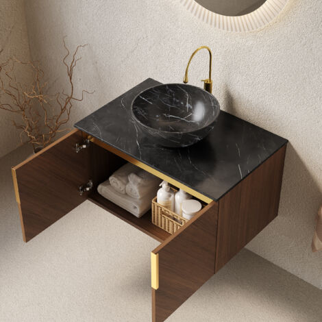 Meuble de salle de bain mural 76 cm avec vasque céramique noire texturée. Plan pierre frittée,2 portes contreplaqué chêne brun.