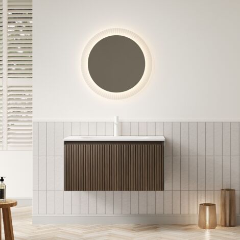 Meuble de salle de bain mural 80 cm lavabo céramique rectangulaire tiroir contreplaqué grain chêne brun.