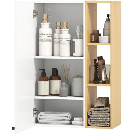 Meuble de salle de bain mural avec portes à fermeture douce, étagères réglables et 3 étagères ouvertes, pour salon, 59,5 x 30 x 90 cm, blanc et bois