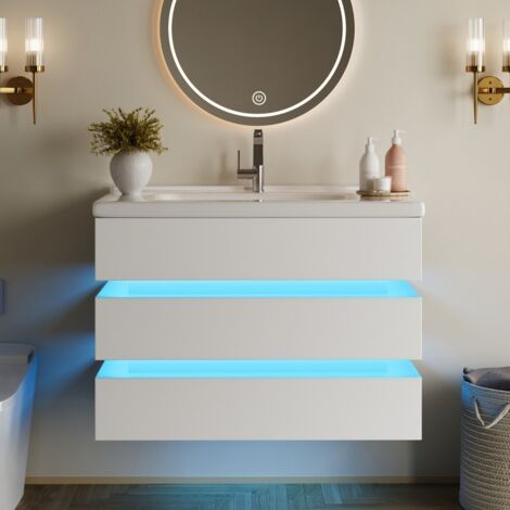 Meuble de salle de bain mural éclairage LED vasque céramique tiroirs fermeture amortie blanc dimensions 81x47,5x57cm