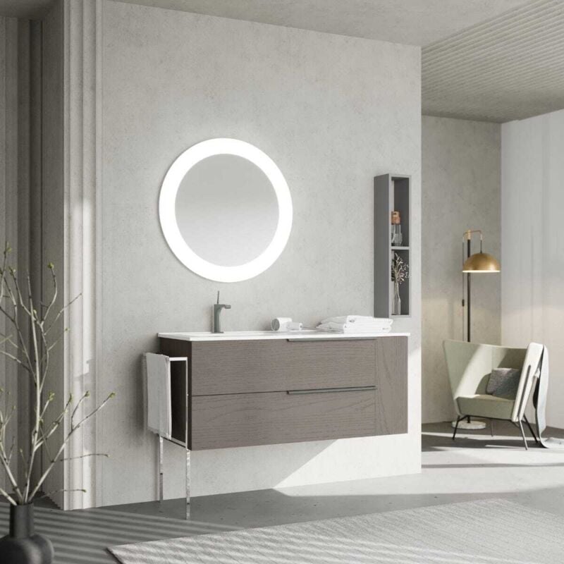 Meuble De Salle De Bain Mural En Frêne Gris De 120 Cm Avec Tiroirs + Compartiment Ouvert New York