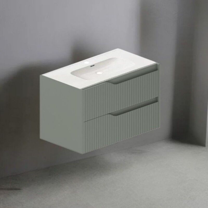 Toscohome - Meuble de salle de bain mural vert mat avec tiroirs effet strié 80x45x50H cm - Gaper