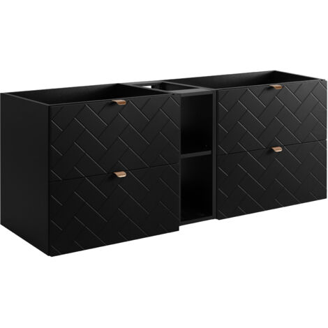 Meuble de salle de bain, Noir Mat, 140 × 57 × 46 cm, poignées dorées