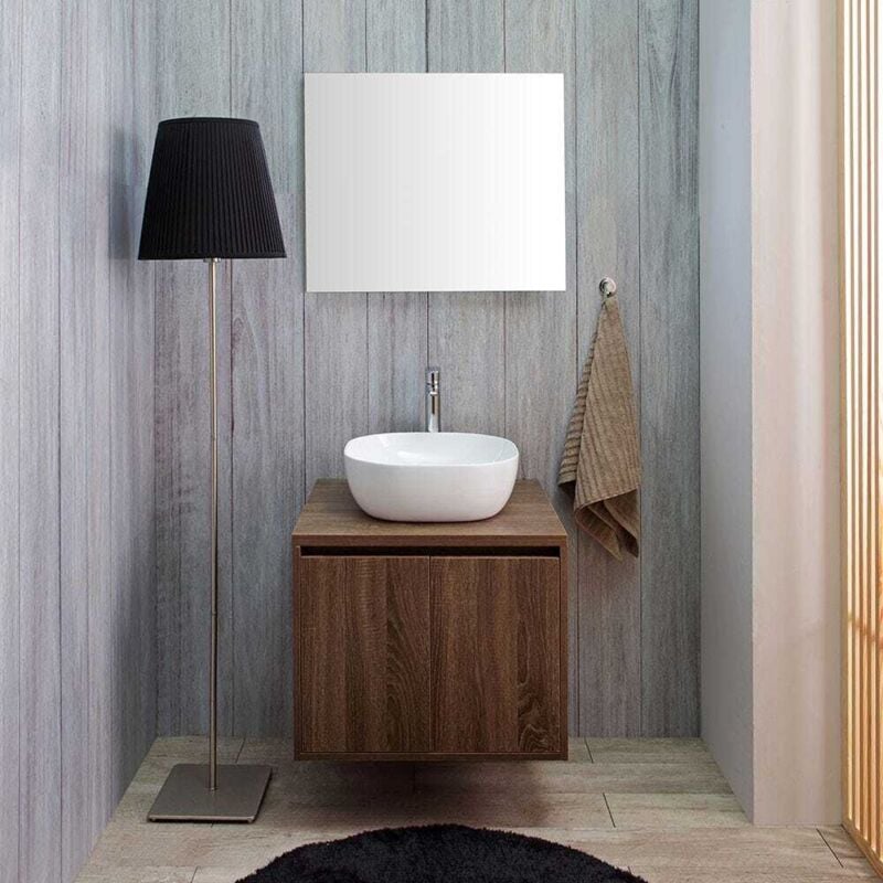 Kiamami Valentina - Meuble De Salle De Bain Noyer Foncé 60Cm Lavabo D'appui Et Miroir Bords Polis Siena