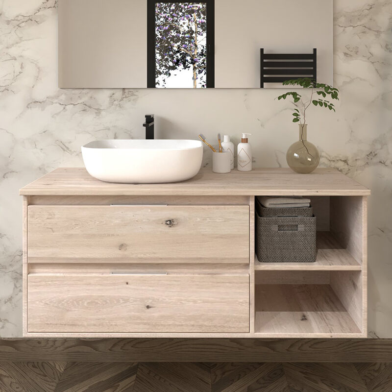 Cosyneo - Meuble de salle de bain cambrian (chêne clair) - olympe avec vasque à poser arrondie sans miroir - 120cm