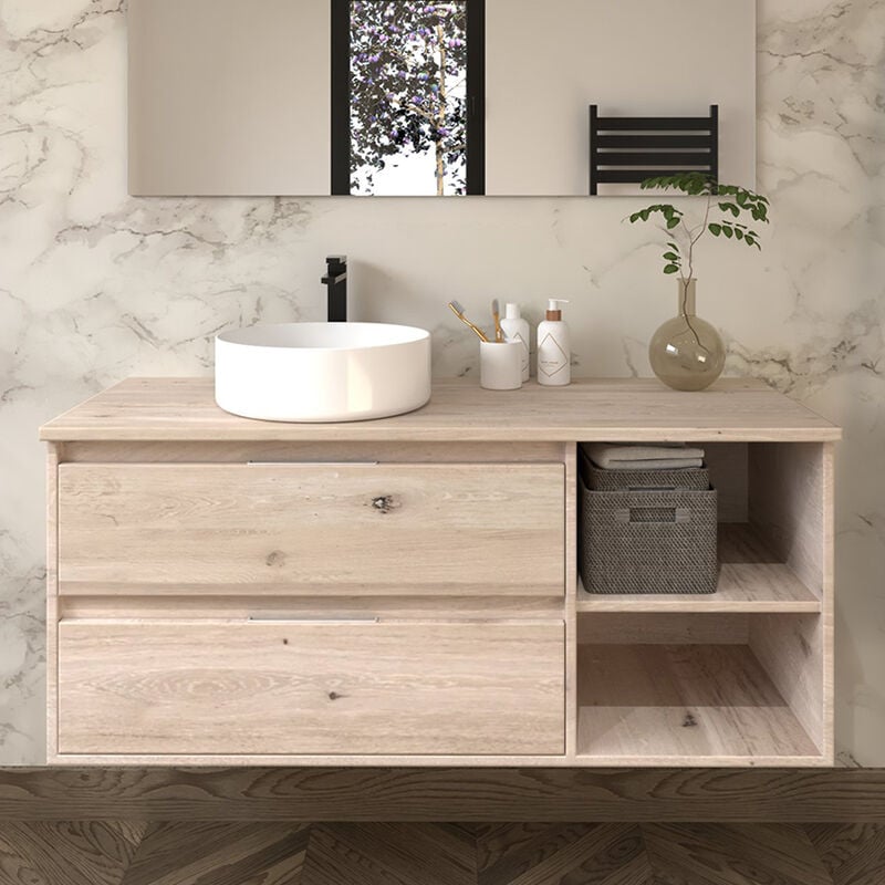 Cosyneo - Meuble de salle de bain cambrian (chêne clair) - olympe avec vasque à poser ronde sans miroir - 120cm