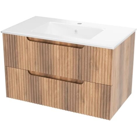 AURLANE meuble de salle de bains leon 80cm décor bois - 2 tiroirs en mdf ondulés - vasque à encastrer
